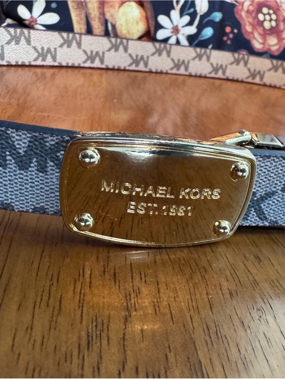 Michael Kors Reversible Gray/Brown MK Logo Slim Belt with Gold Plate
